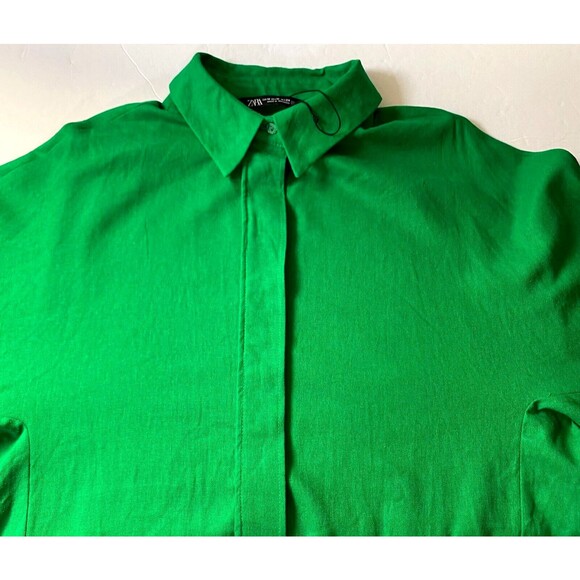 Zara Linen Blend Shirt Women M Shamrock Green 3/4 Kimono Sleeve Button Down NWOT - Picture 3 of 16